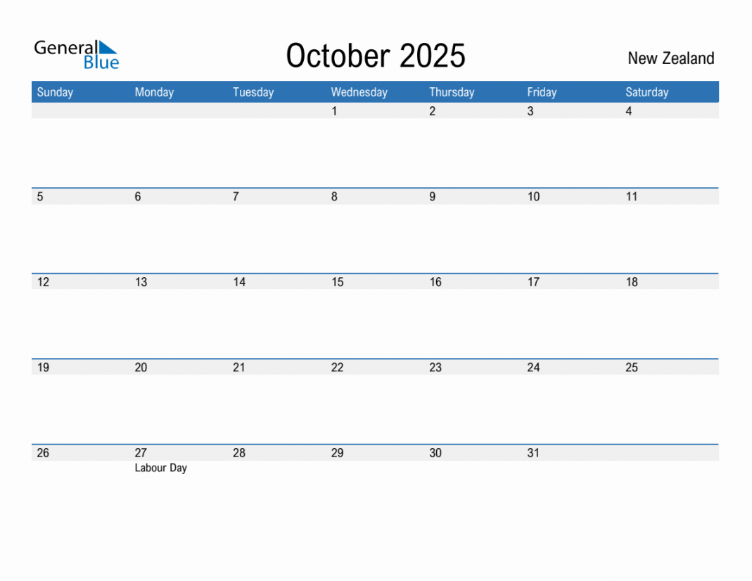 October  Monthly Calendar with New Zealand Holidays